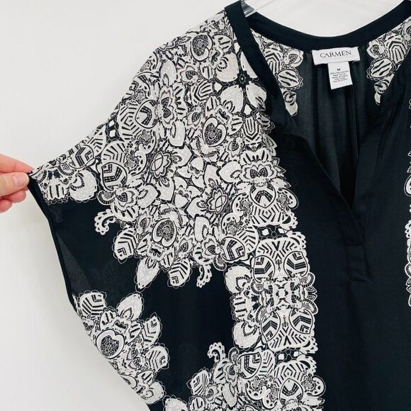 Carmen Marc Valvo Size Medium Black & White Printed V Neck Kimono Style Blouse - Picture 4 of 9